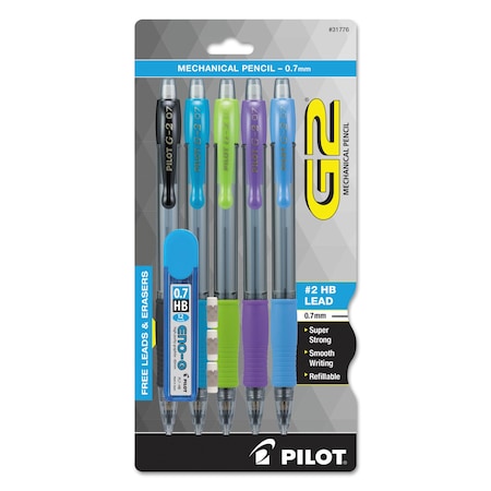 Pilot G2 Mechanical Pencil, 0.7 mm, HB (No 2), Black Lead, Assorted Barrel Colors, PK5 072838317766